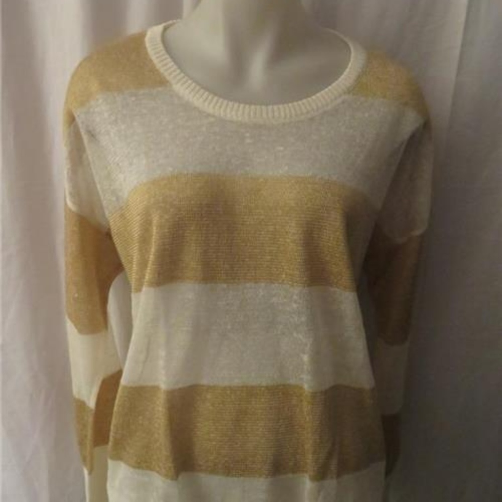OSKLEN WHITE/BEIGE STRIPED SHEER KNIT TOP SIZE S/P
